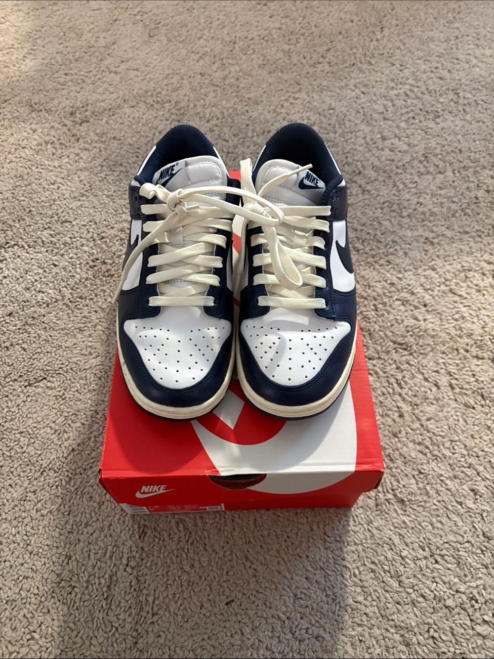 Nike Dunks Navy and White Low-Top Sneakers with Cream Laces and Aged Bottom